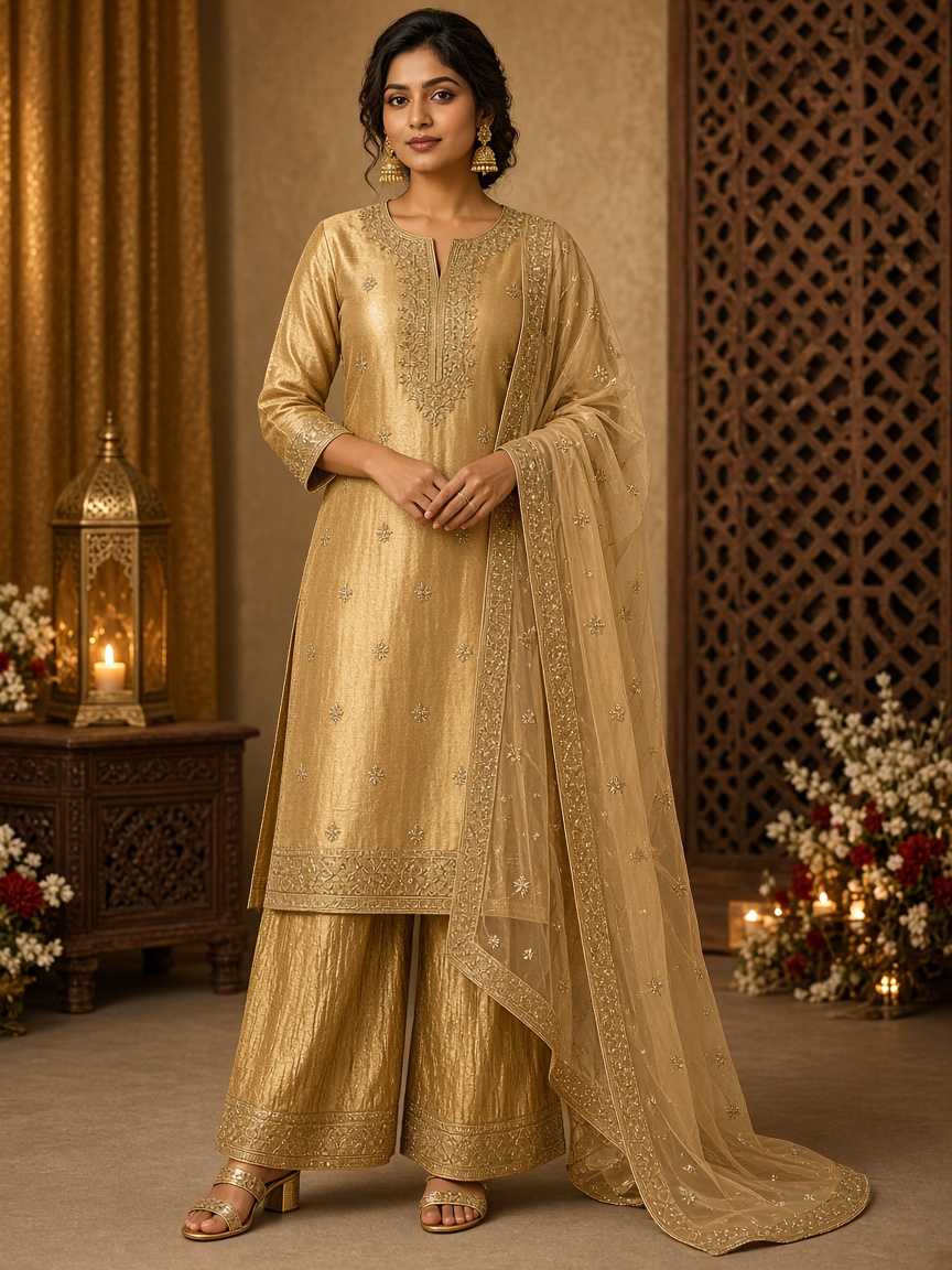 Palash Gold Tissue Kurta Set by Palash House Kurta palazzo set in Gold, available to rent