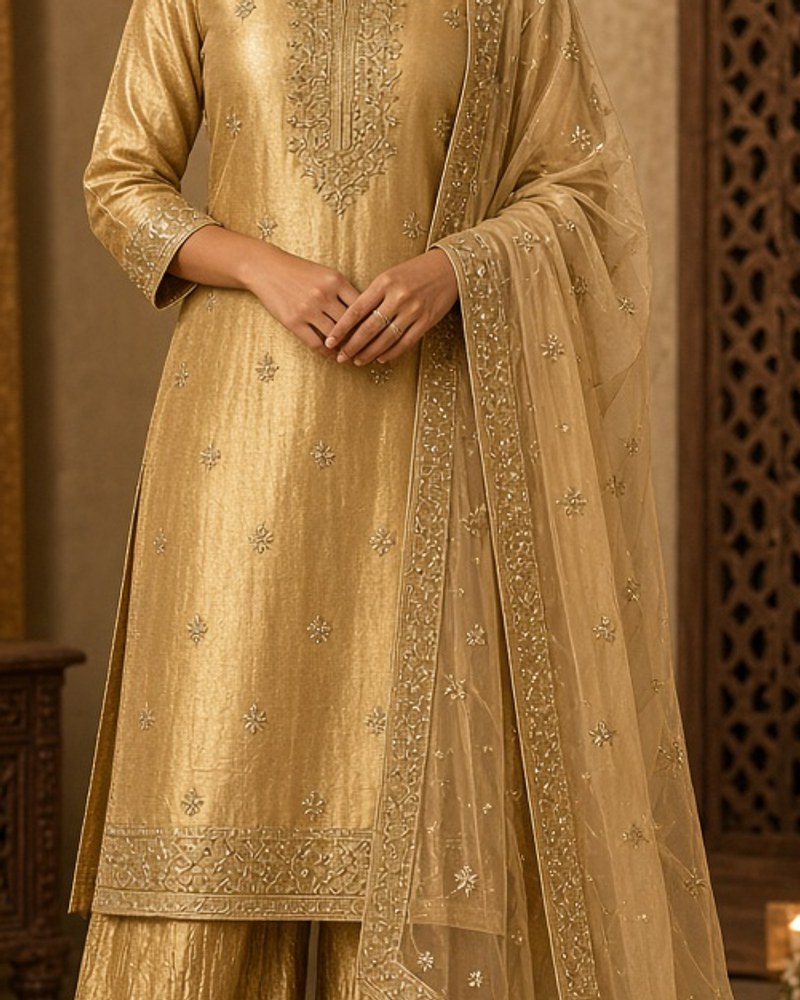 Palash Gold Tissue Kurta Set by Palash House Kurta palazzo set in Gold, available to rent