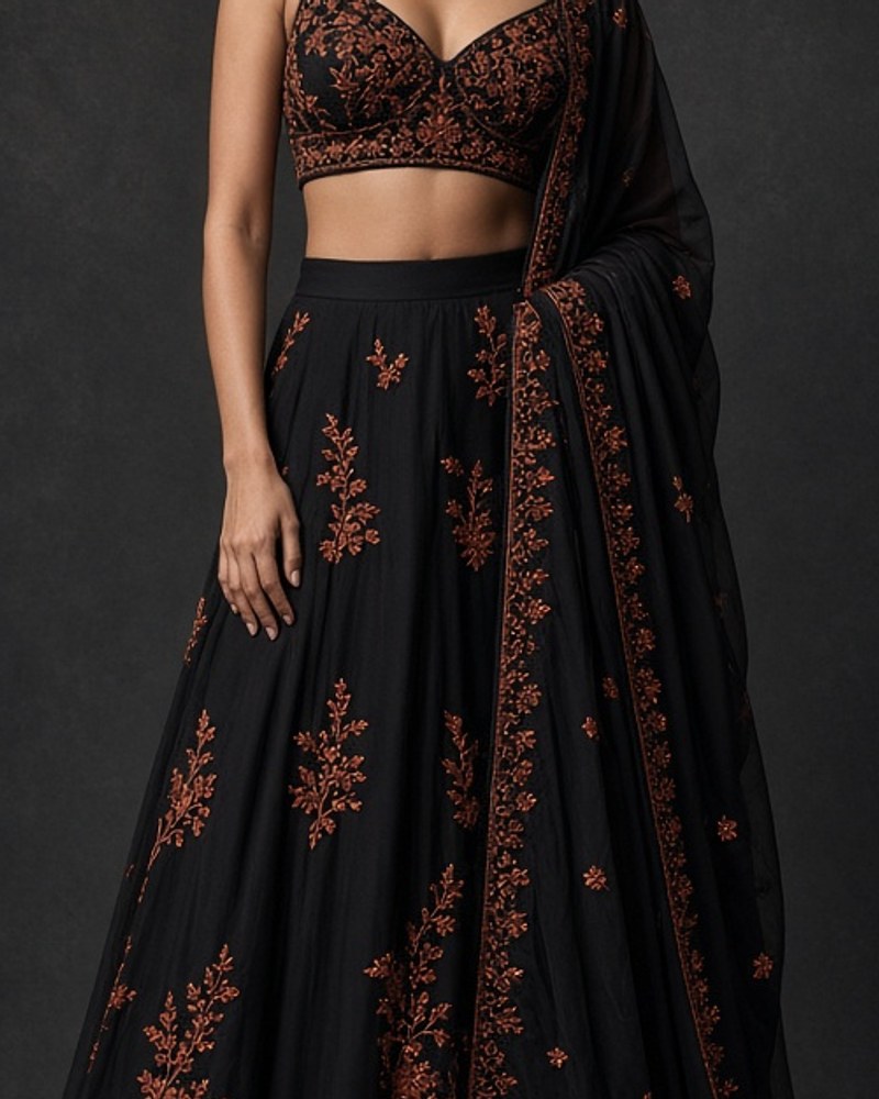 Palash Ink Contemporary Lehenga by Palash House Contemporary lehenga in Ink, available to rent