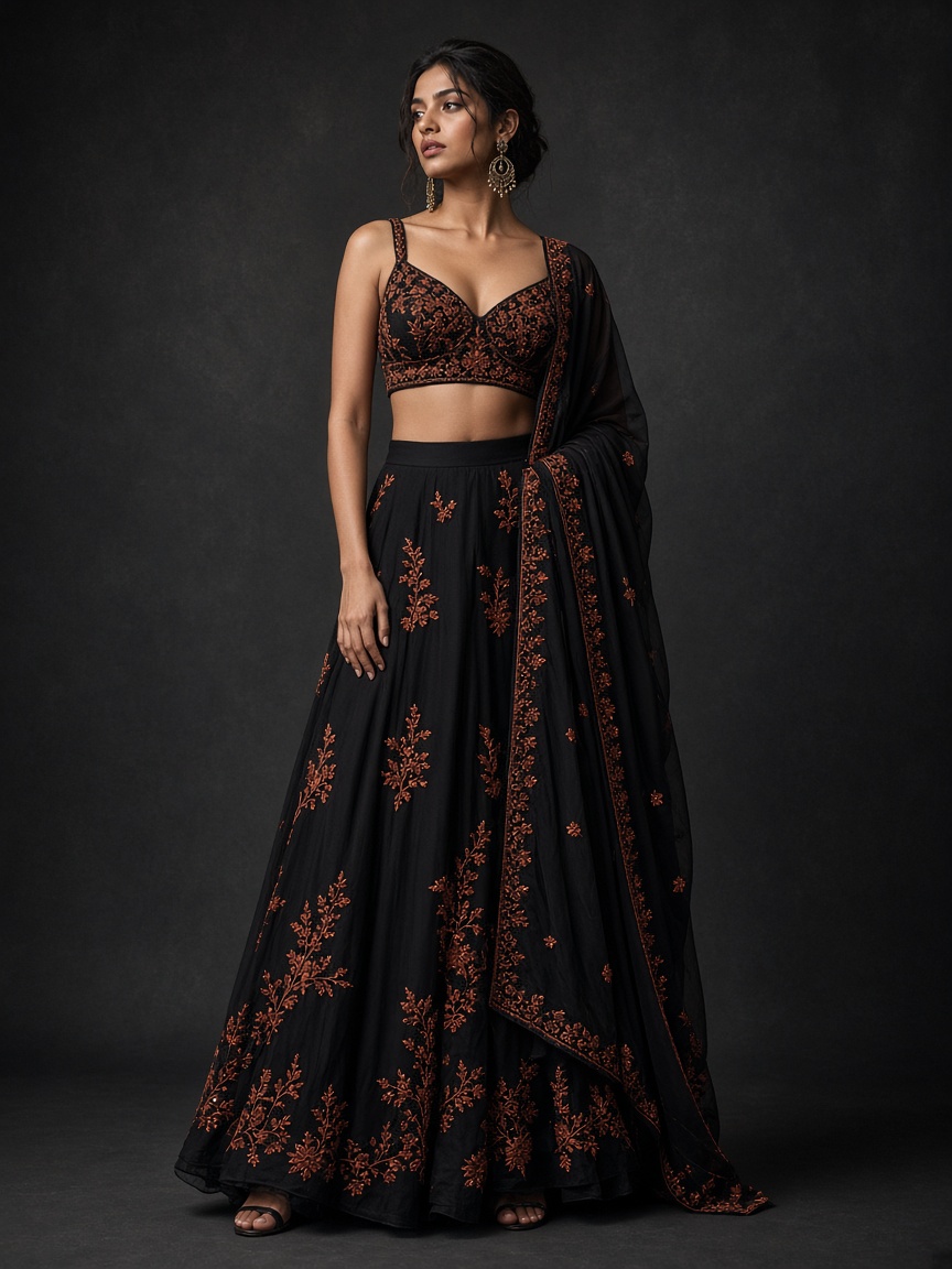Palash Ink Contemporary Lehenga by Palash House Contemporary lehenga in Ink, available to rent