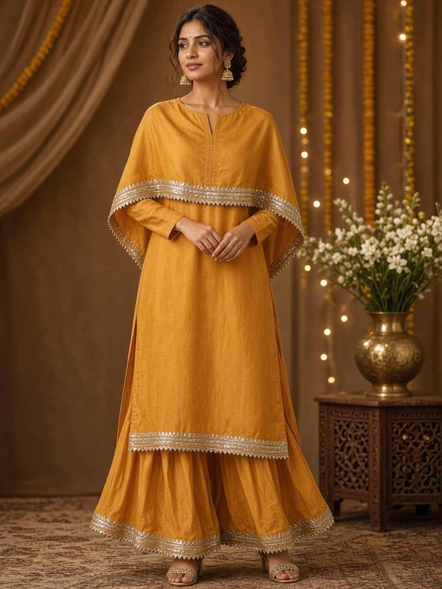 Palash Modern Festive Set by Palash House Contemporary festive set in Marigold, available to rent