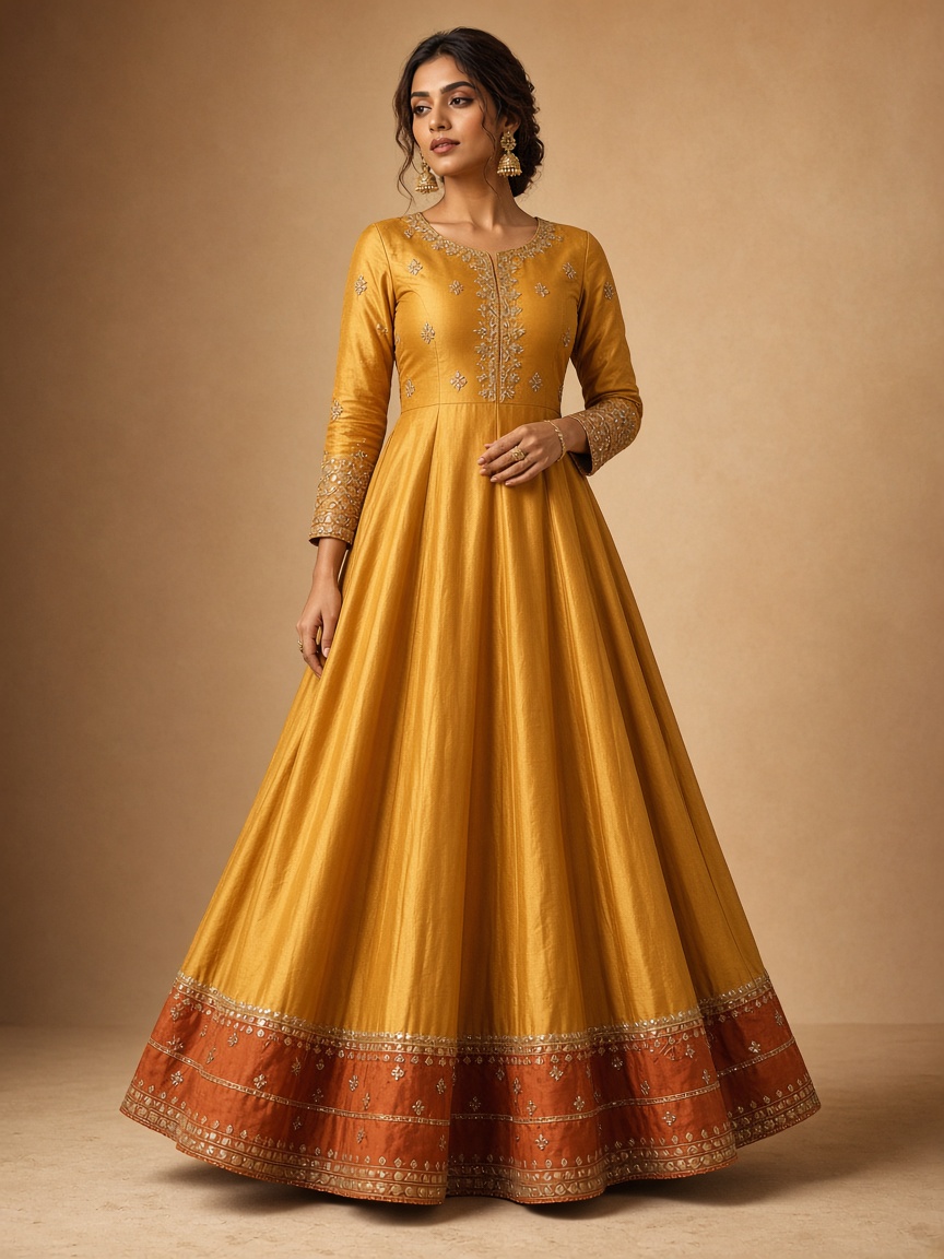 Palash Mustard Festive Anarkali by Palash House Festive Anarkali in Mustard, available to rent