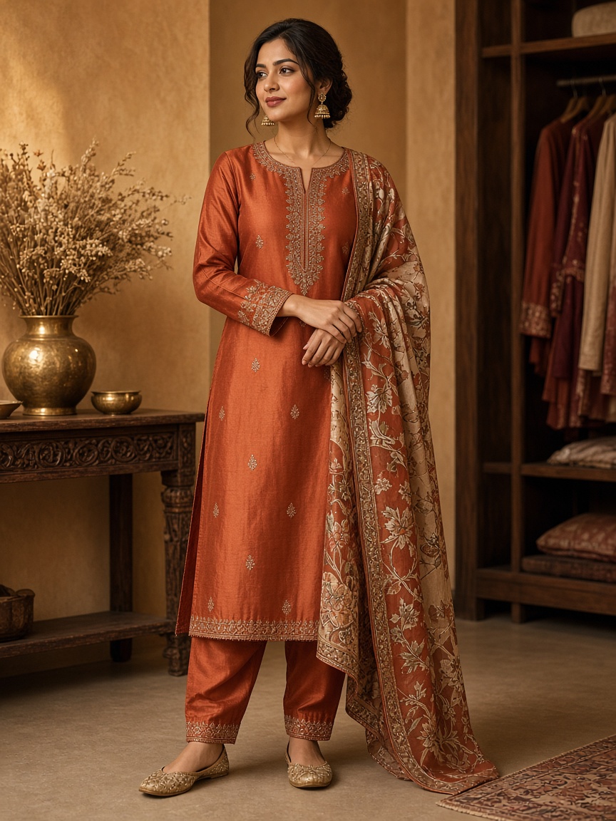 Palash Rust Silk Salwar by Palash House Salwar suit in Rust, available to rent