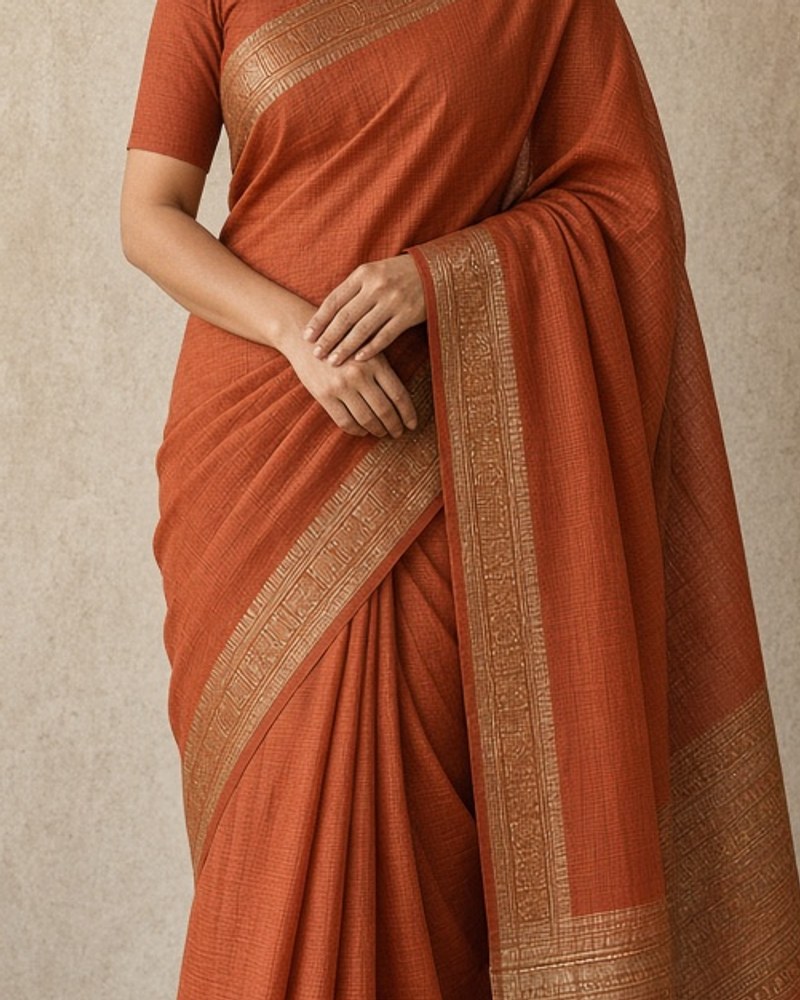 Palash Tant Festive Saree by Palash House Handloom saree in Rust, available to rent