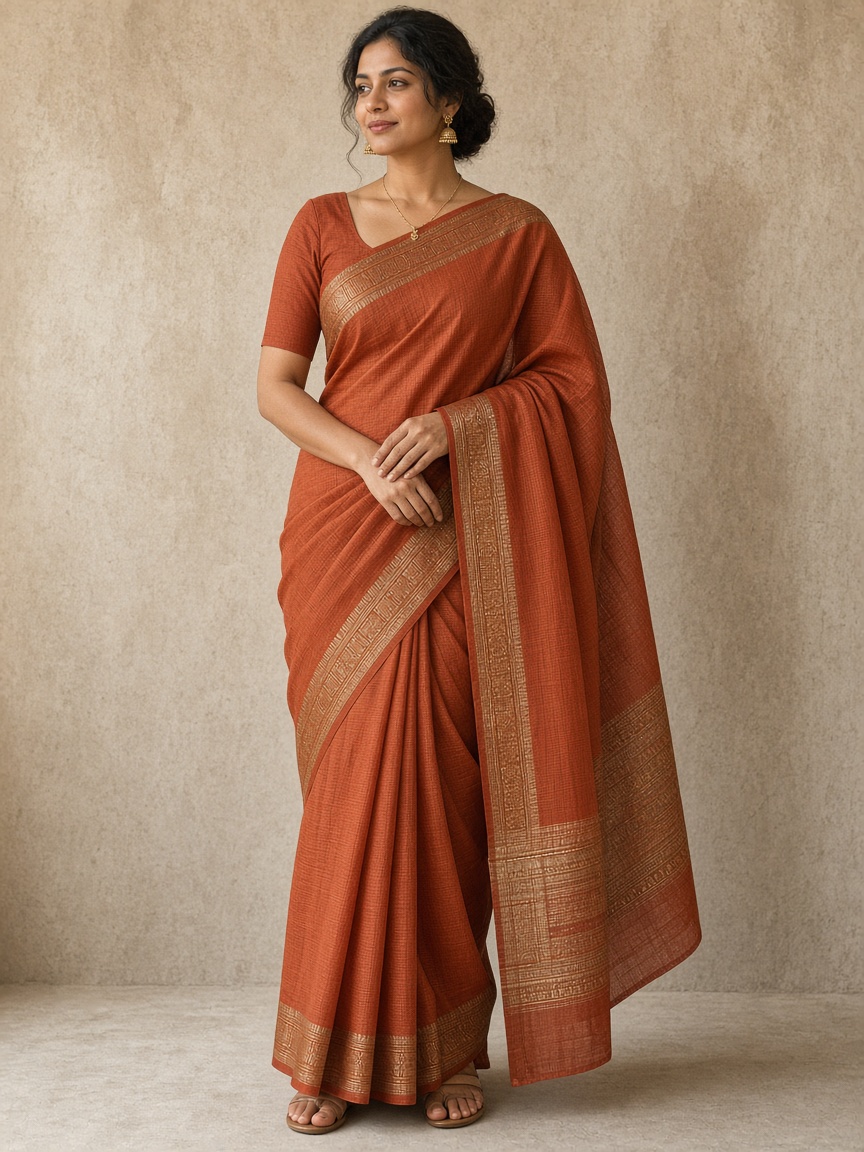 Palash Tant Festive Saree by Palash House Handloom saree in Rust, available to rent