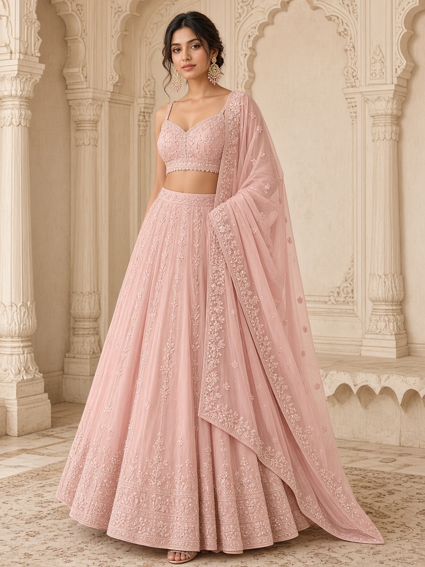 Ruhani Blush Embroidered Lehenga by Ruhani Studio Embroidered lehenga in Blush, available to rent
