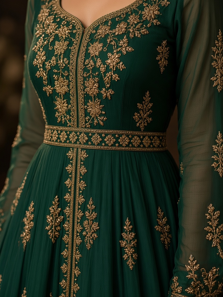 Celeste Emerald Embroidered Anarkali by Ruhani Studio Floor-length Anarkali in Emerald Green, available to rent