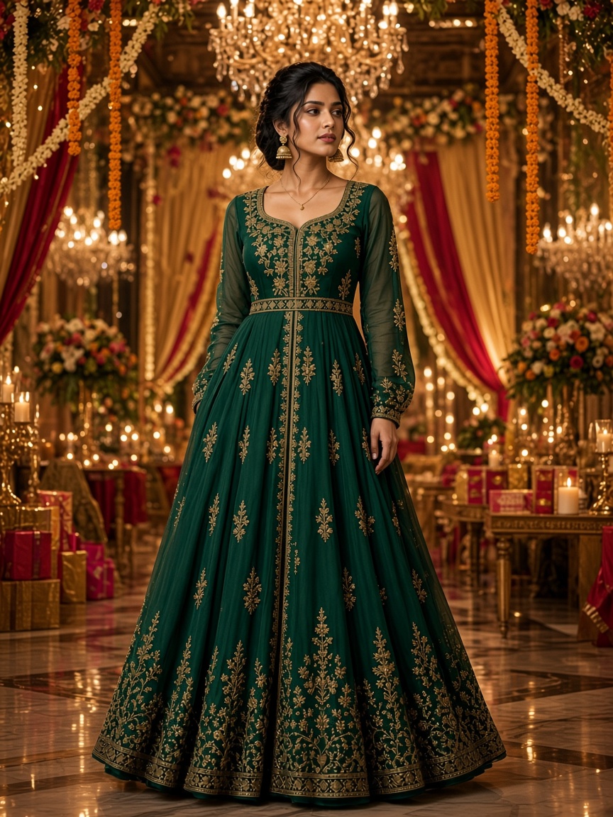 Celeste Emerald Embroidered Anarkali by Ruhani Studio Floor-length Anarkali in Emerald Green, available to rent