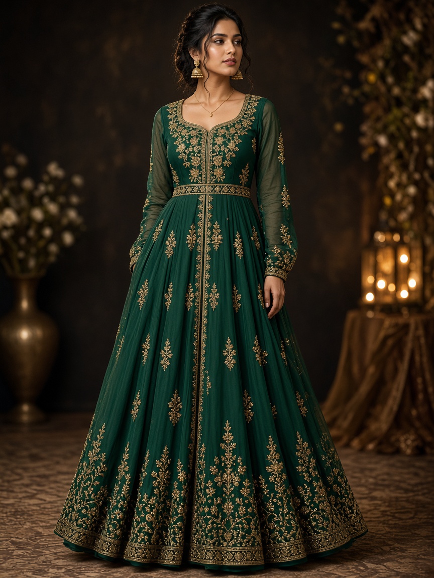 Celeste Emerald Embroidered Anarkali by Ruhani Studio Floor-length Anarkali in Emerald Green, available to rent