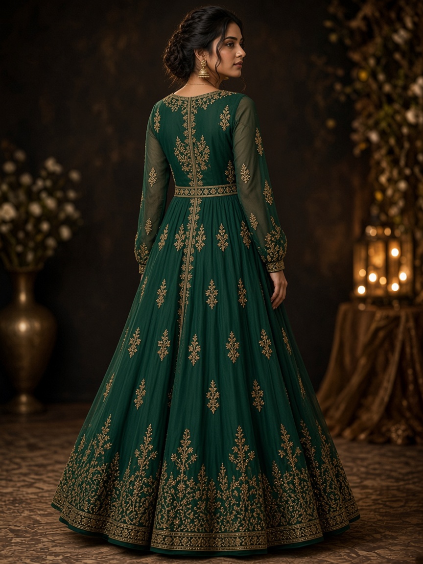 Celeste Emerald Embroidered Anarkali by Ruhani Studio Floor-length Anarkali in Emerald Green, available to rent