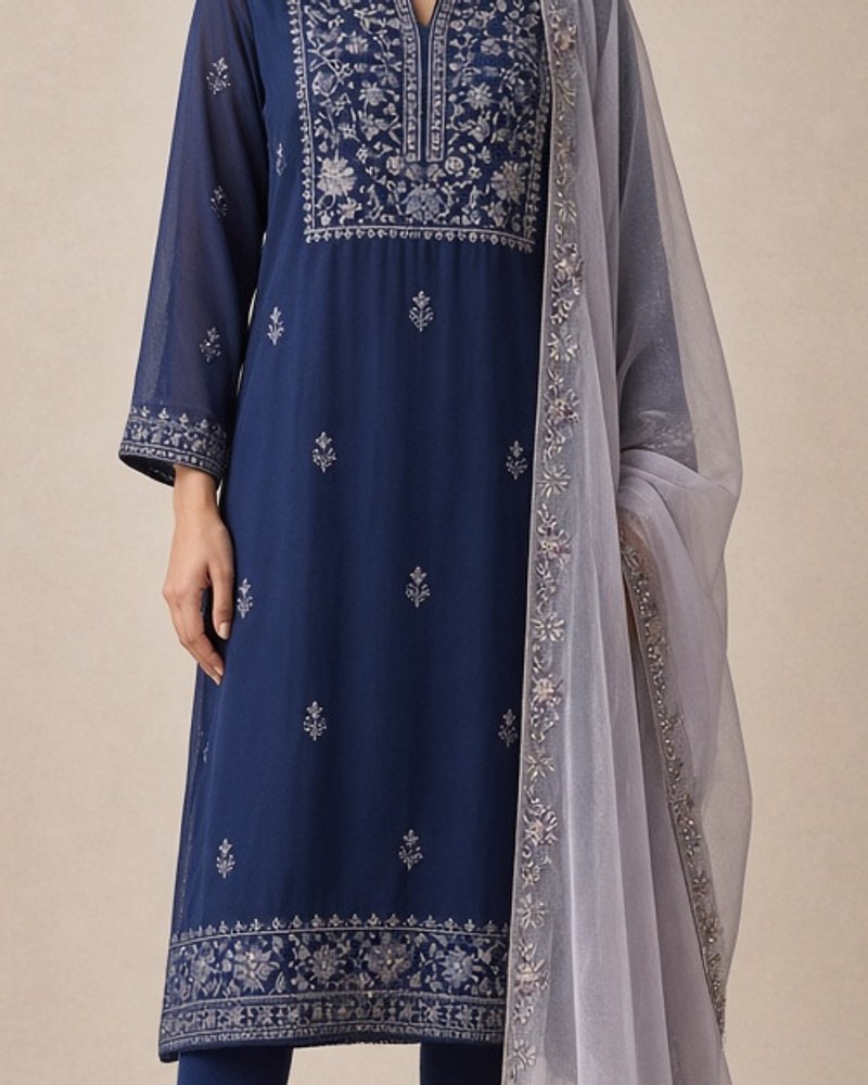 Ruhani Indigo Embroidered Kurta by Ruhani Studio Kurta set in Indigo, available to rent