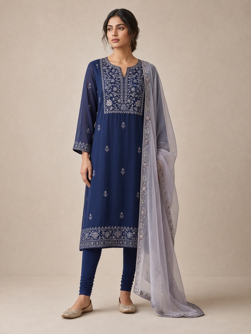 Ruhani Indigo Embroidered Kurta by Ruhani Studio Kurta set in Indigo, available to rent