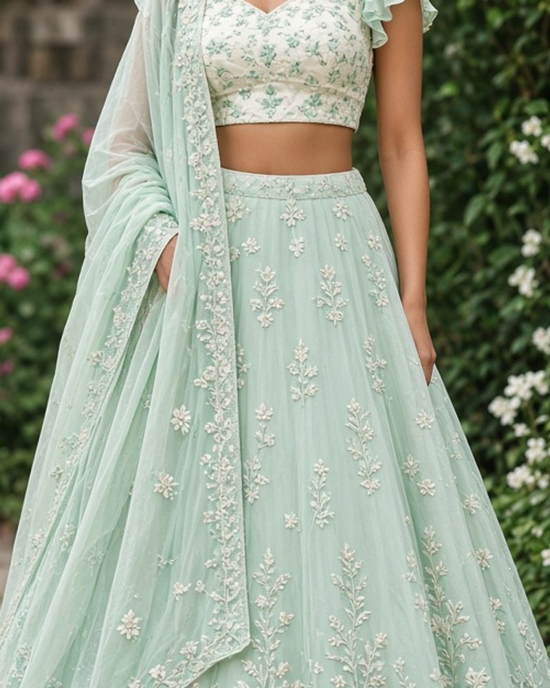 Ruhani Pastel Garden Lehenga by Ruhani Studio Garden lehenga in Mint, available to rent