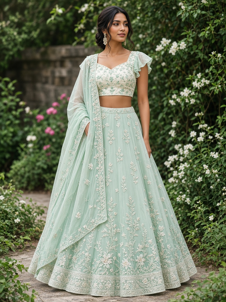 Ruhani Pastel Garden Lehenga by Ruhani Studio Garden lehenga in Mint, available to rent