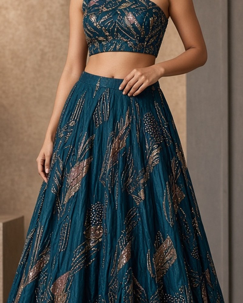 Ruhani Teal Contemporary Lehenga by Ruhani Studio Contemporary lehenga in Teal, available to rent