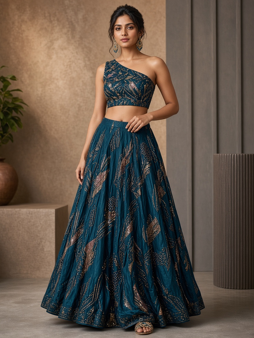Ruhani Teal Contemporary Lehenga by Ruhani Studio Contemporary lehenga in Teal, available to rent