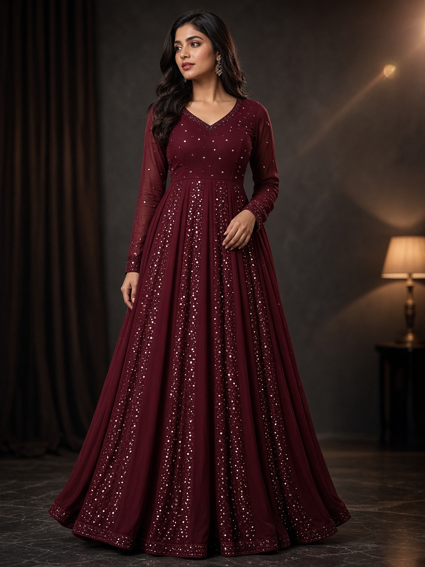 Ruhani Wine Party Anarkali by Ruhani Studio Party Anarkali in Wine, available to rent