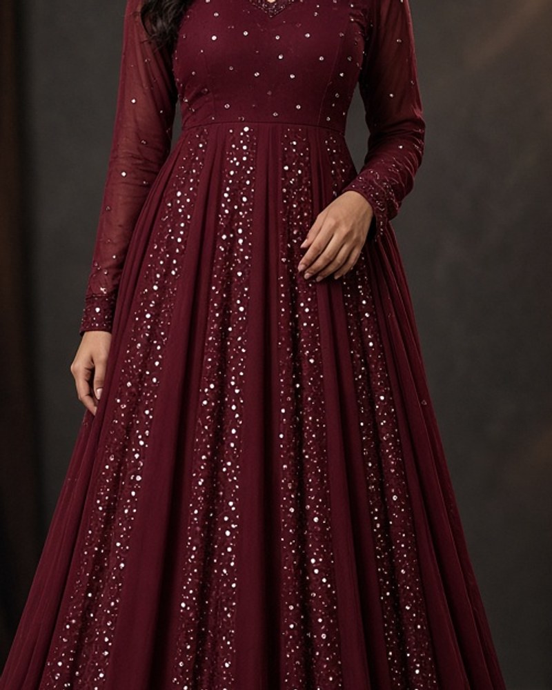 Ruhani Wine Party Anarkali by Ruhani Studio Party Anarkali in Wine, available to rent