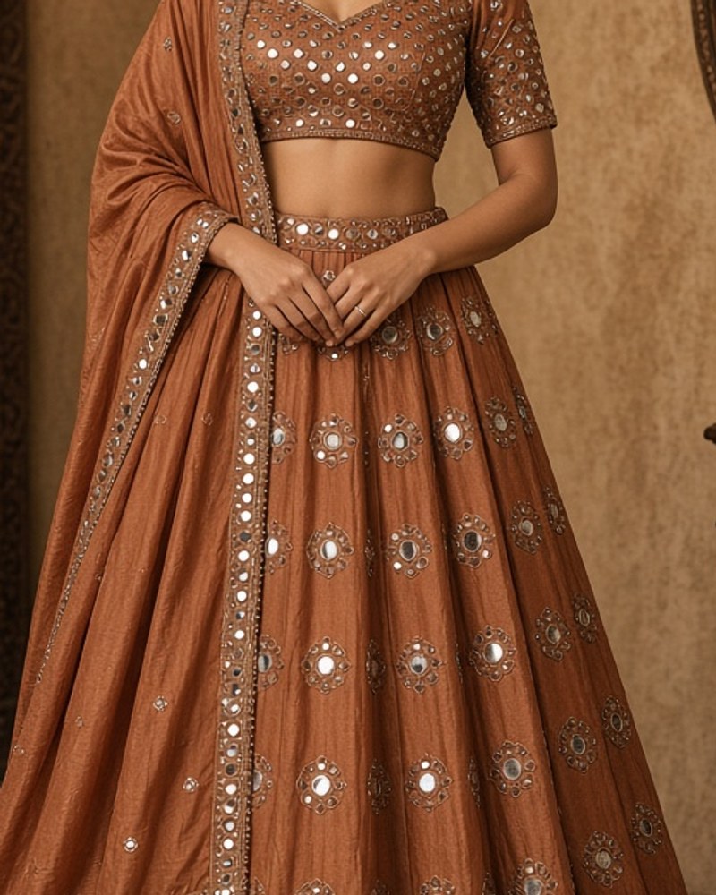 Saanvi Copper Mirror Lehenga by Saanvi & Co. Kalidar lehenga in Copper, available to rent