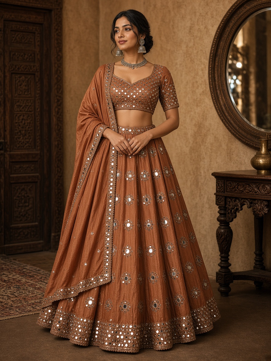 Saanvi Copper Mirror Lehenga by Saanvi & Co. Kalidar lehenga in Copper, available to rent