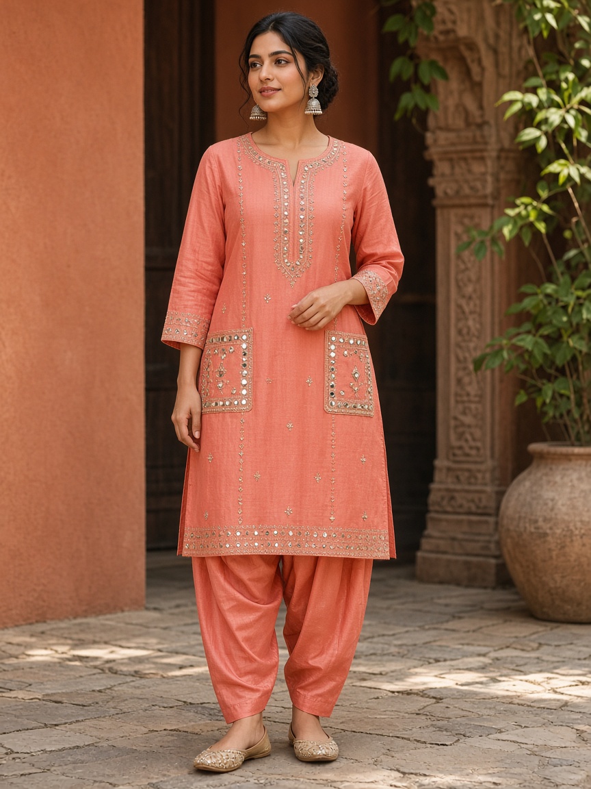 Saanvi Coral Festive Kurta by Saanvi & Co. Kurta dhoti set in Coral, available to rent