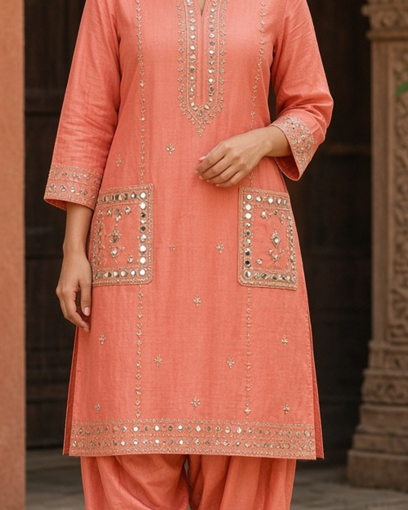 Saanvi Coral Festive Kurta by Saanvi & Co. Kurta dhoti set in Coral, available to rent