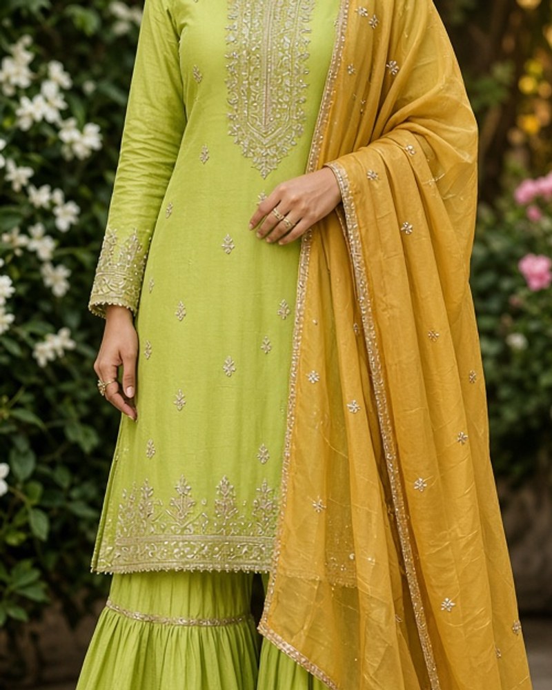 Saanvi Lime Gharara Set by Saanvi & Co. Gharara set in Lime, available to rent