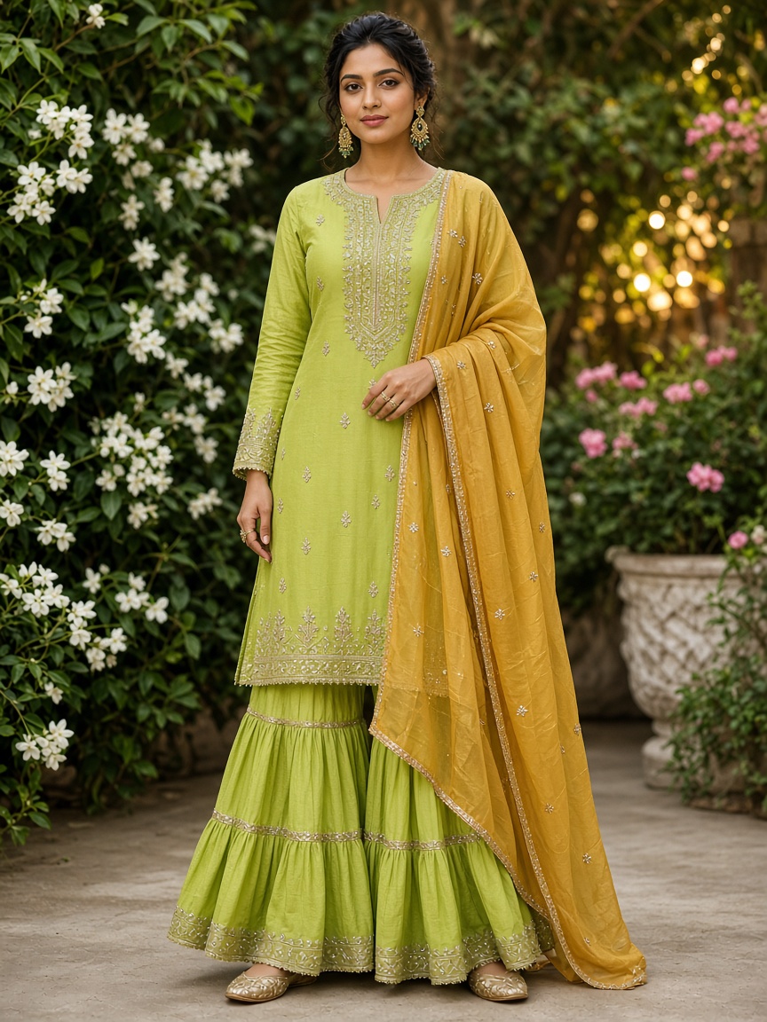Saanvi Lime Gharara Set by Saanvi & Co. Gharara set in Lime, available to rent