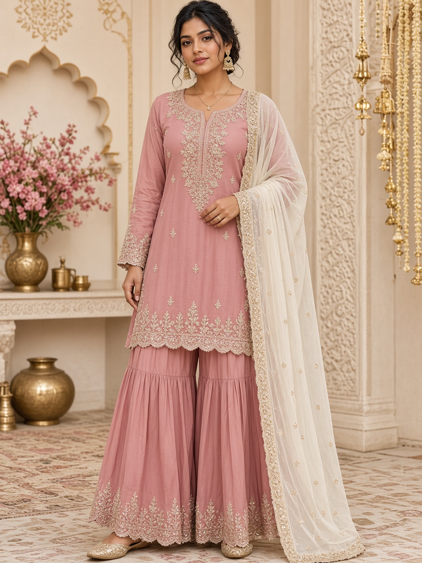 Saanvi Rose Sharara Set by Saanvi & Co. Sharara set in Rose, available to rent