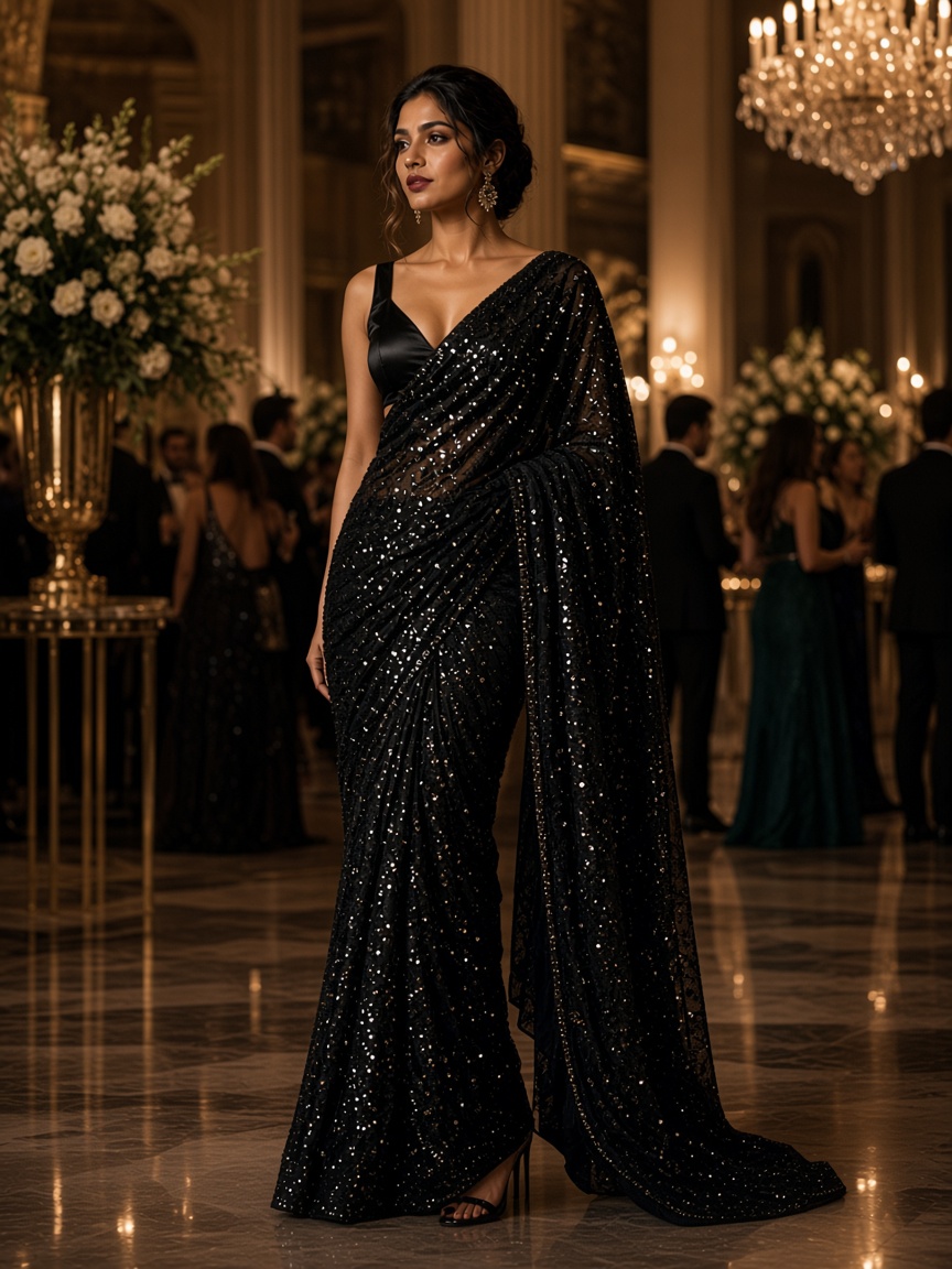 Sitara Black Sequin Saree by Sitara Night Sequin saree in Black, available to rent