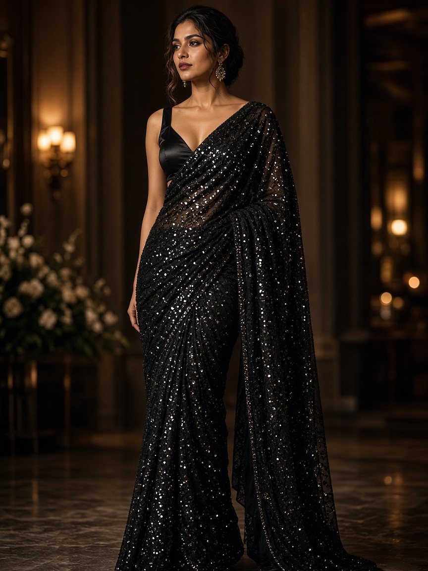 Sitara Black Sequin Saree by Sitara Night Sequin saree in Black, available to rent
