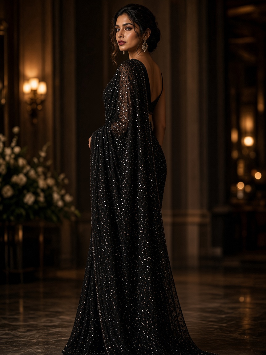 Sitara Black Sequin Saree by Sitara Night Sequin saree in Black, available to rent