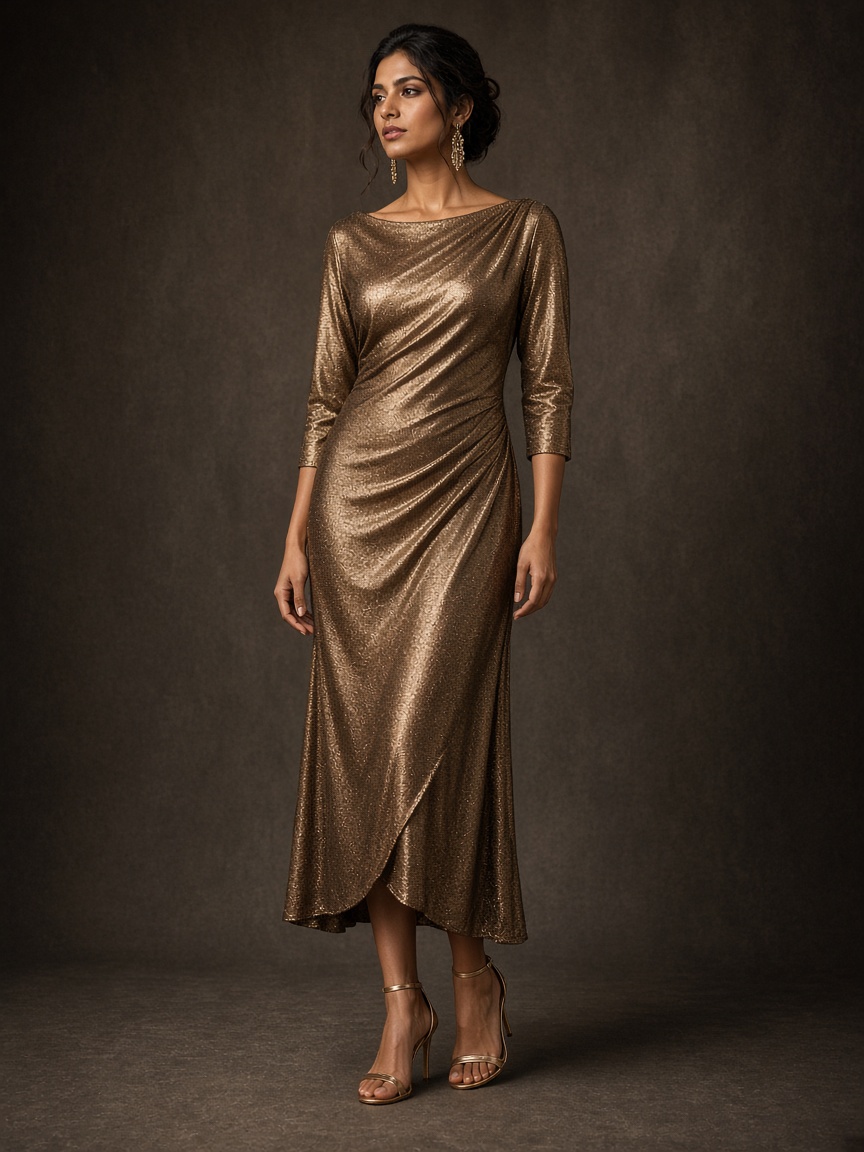 Sitara Bronze Shimmer Dress by Sitara Night Shimmer midi in Bronze, available to rent