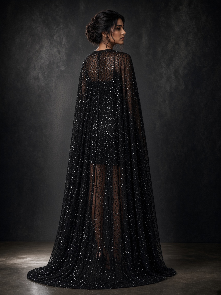 Sitara Black Cape Dress by Sitara Night Cape dress in Black, available to rent
