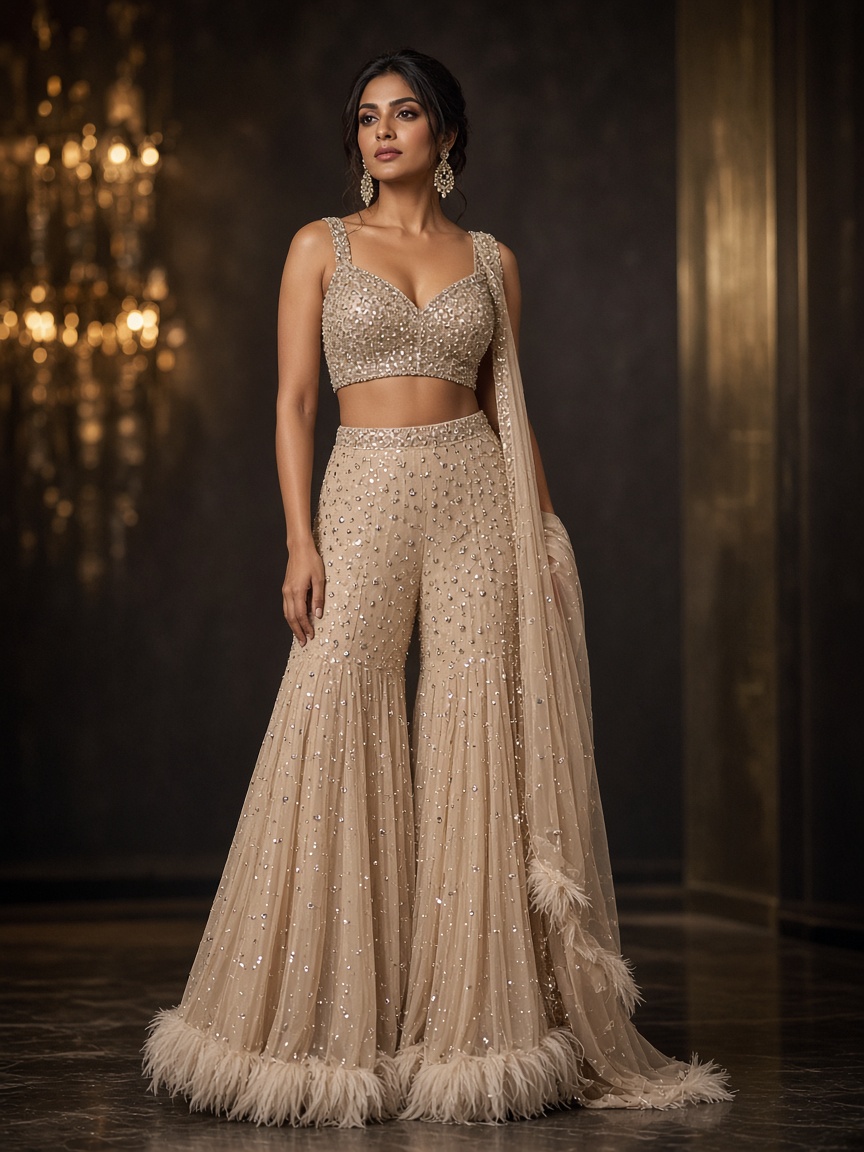 Sitara Champagne Party Sharara by Sitara Night Designer sharara in Champagne, available to rent