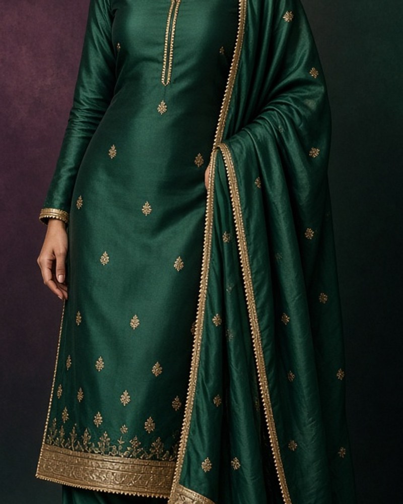 Veda Bottle Green Silk Salwar by Veda Cloth Salwar suit in Bottle Green, available to rent