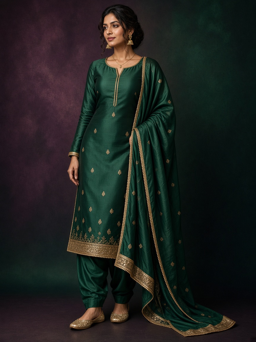 Veda Bottle Green Silk Salwar by Veda Cloth Salwar suit in Bottle Green, available to rent