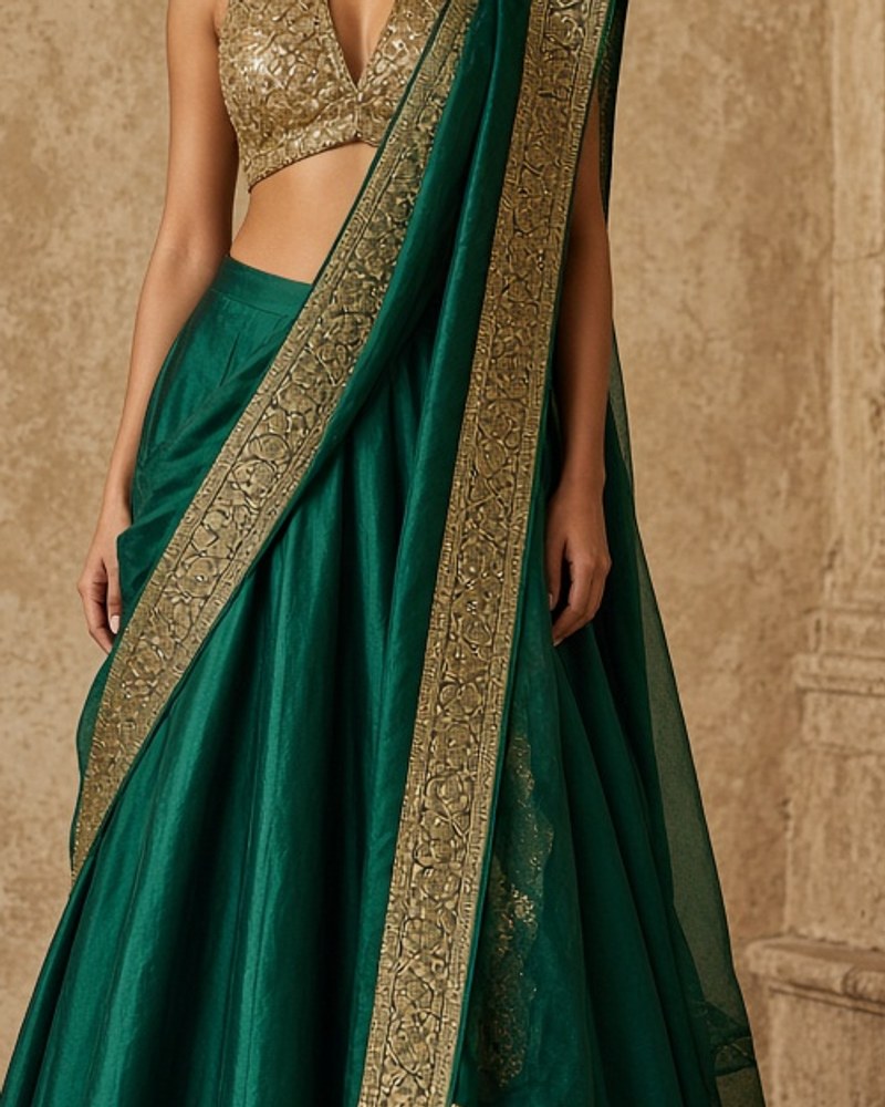 Veda Emerald Silk Lehenga by Veda Cloth Silk lehenga in Emerald, available to rent