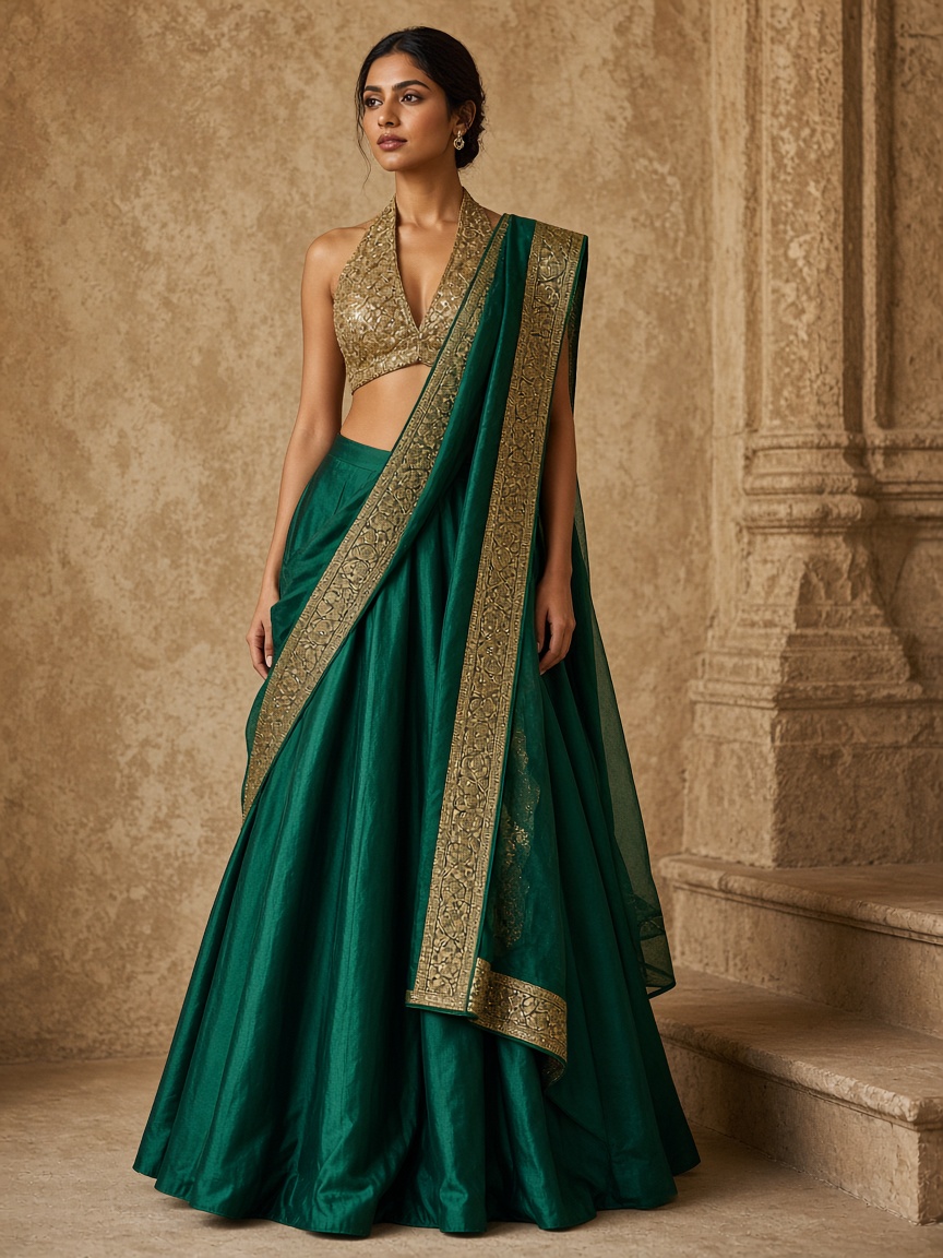 Veda Emerald Silk Lehenga by Veda Cloth Silk lehenga in Emerald, available to rent