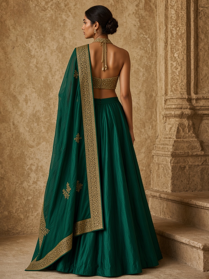 Veda Emerald Silk Lehenga by Veda Cloth Silk lehenga in Emerald, available to rent