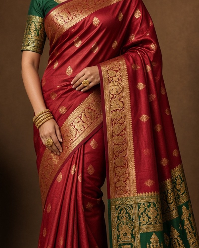 Veda Kanjivaram Ruby Saree by Veda Cloth Silk saree in Ruby, available to rent