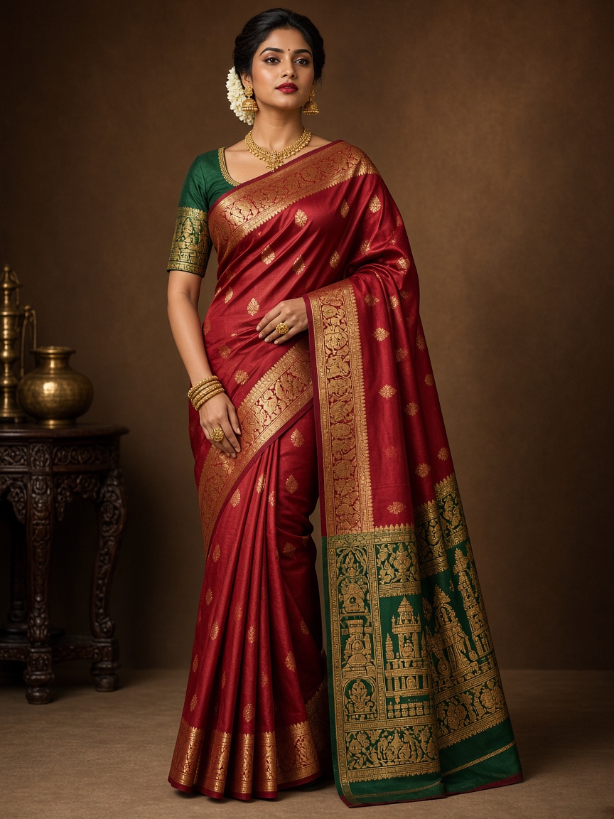 Veda Kanjivaram Ruby Saree by Veda Cloth Silk saree in Ruby, available to rent