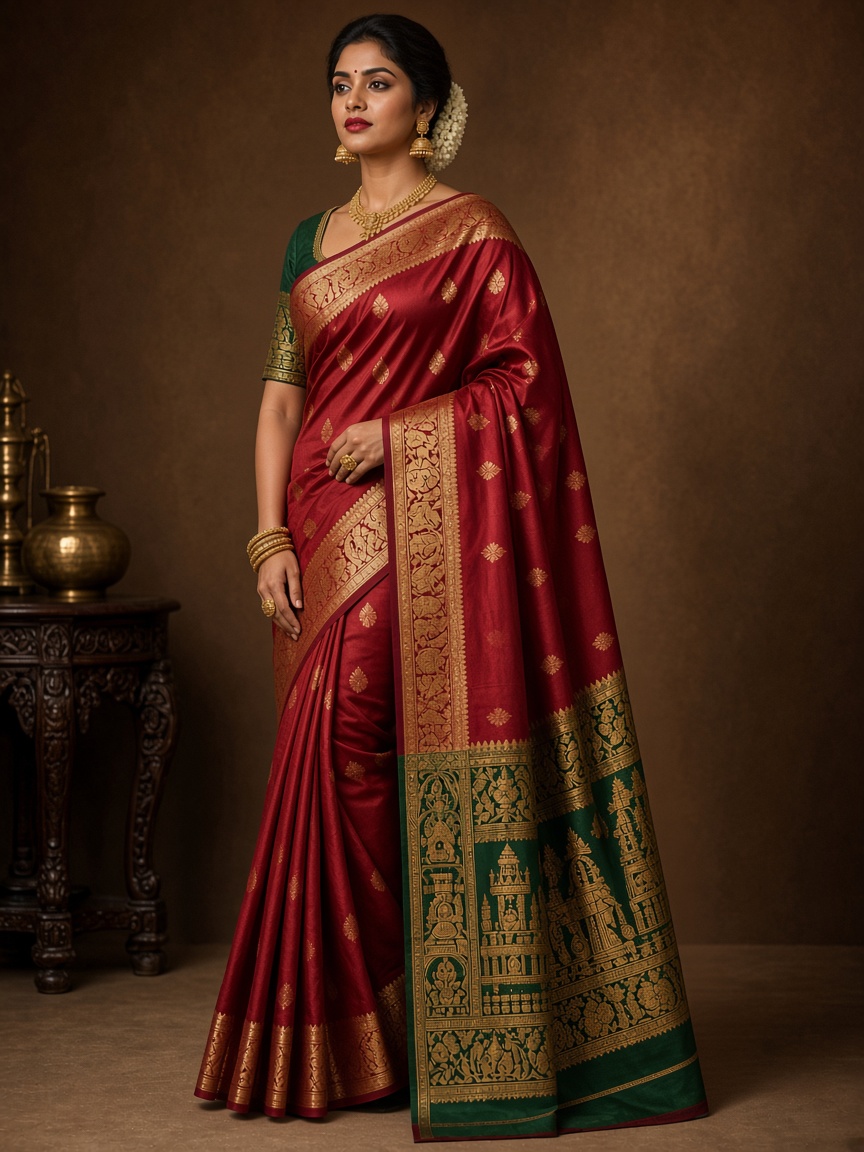 Veda Kanjivaram Ruby Saree by Veda Cloth Silk saree in Ruby, available to rent