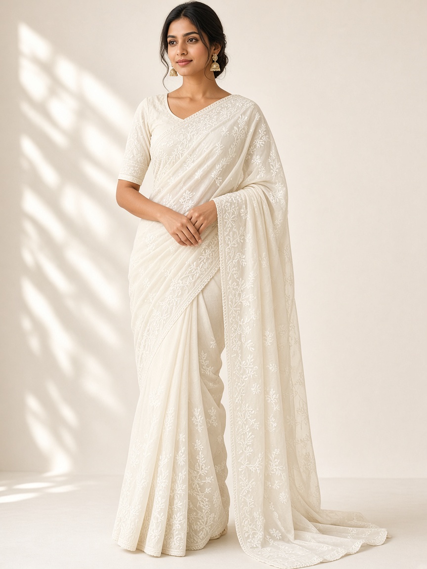 Zari Ivory Chikankari Saree by Zari Atelier Chikankari saree in Ivory, available to rent
