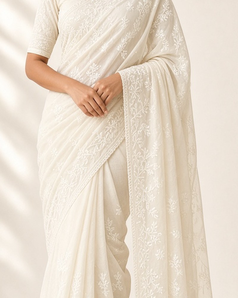 Zari Ivory Chikankari Saree by Zari Atelier Chikankari saree in Ivory, available to rent