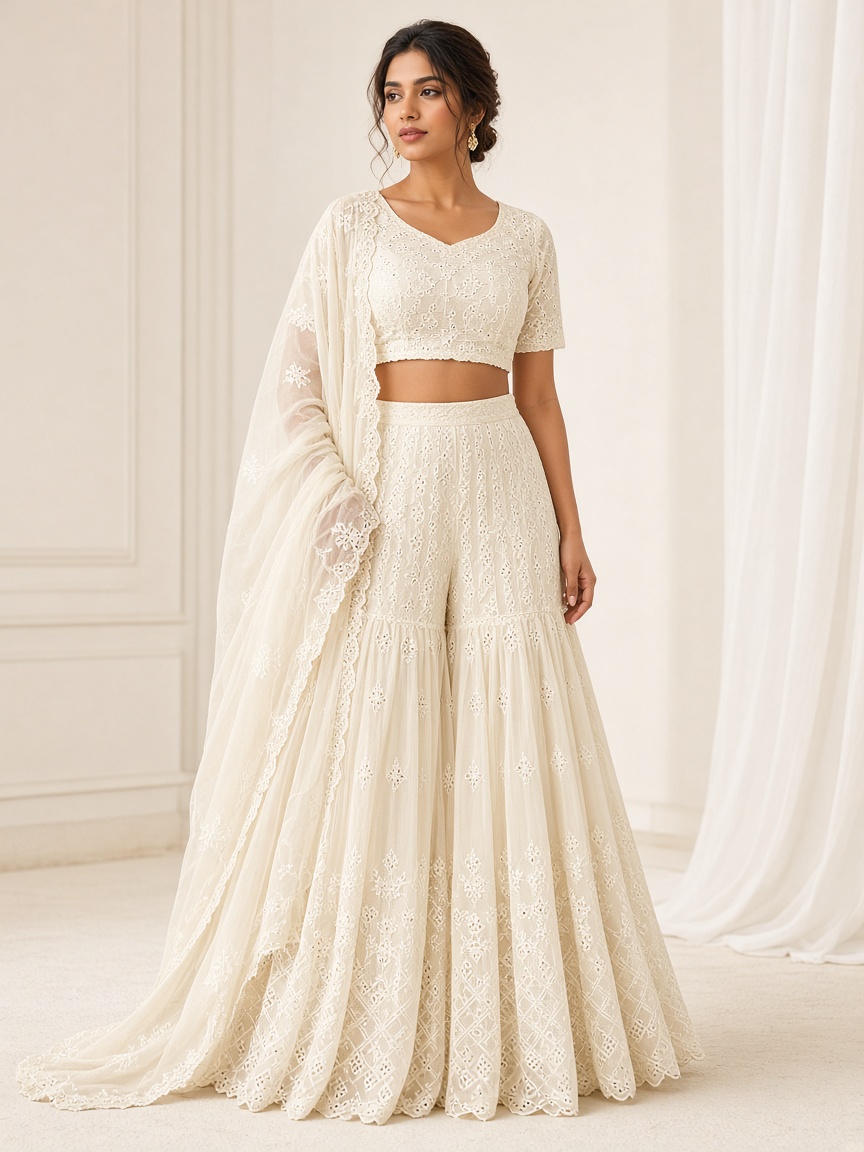 Zari Cream Lucknowi Gharara by Zari Atelier Gharara set in Cream, available to rent