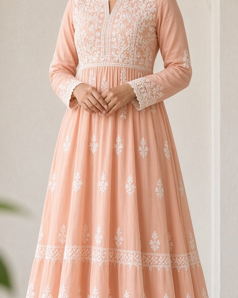 Zari Peach Chikankari Anarkali by Zari Atelier Chikankari Anarkali in Peach, available to rent
