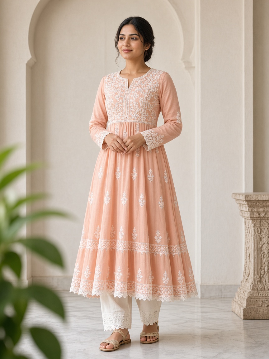 Zari Peach Chikankari Anarkali by Zari Atelier Chikankari Anarkali in Peach, available to rent