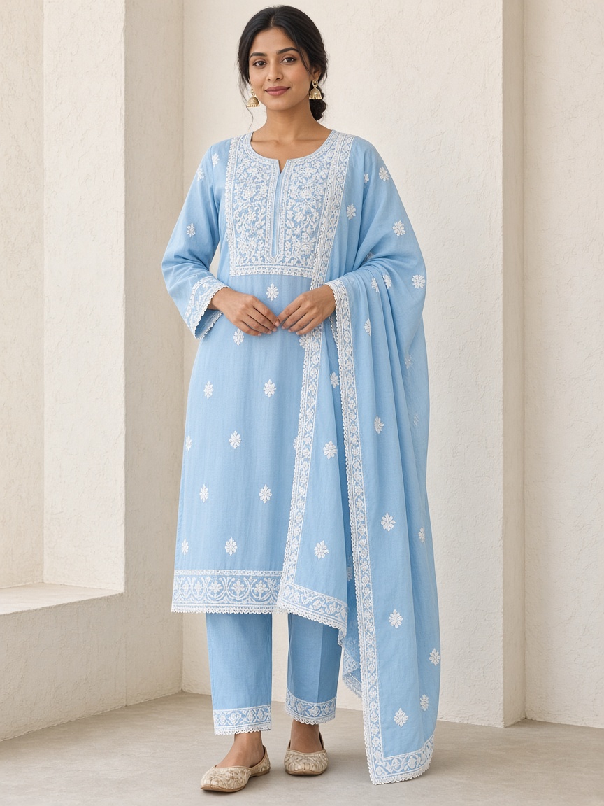 Zari Sky Chikankari Salwar by Zari Atelier Salwar suit in Sky, available to rent