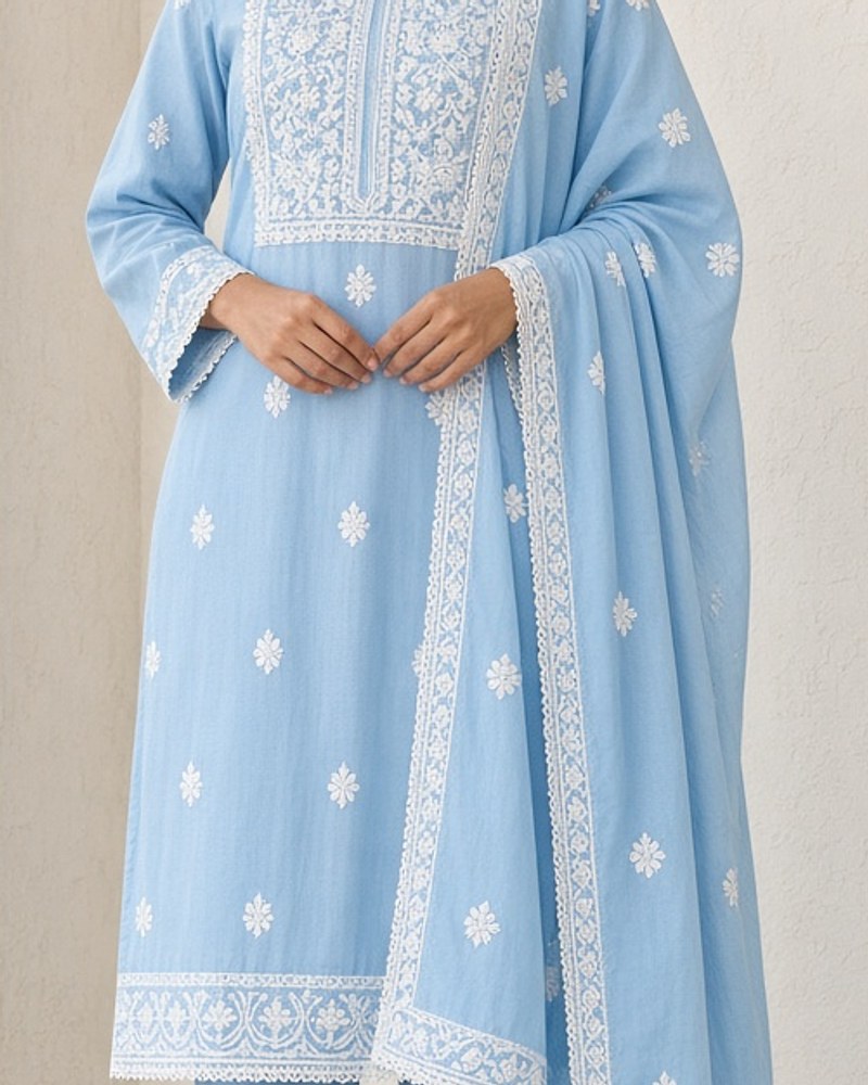Zari Sky Chikankari Salwar by Zari Atelier Salwar suit in Sky, available to rent